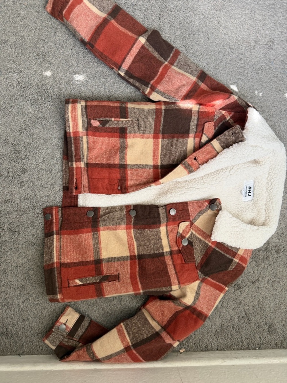 Plaid Sherpa-Lined Jacket in Rust, Brown & Cream